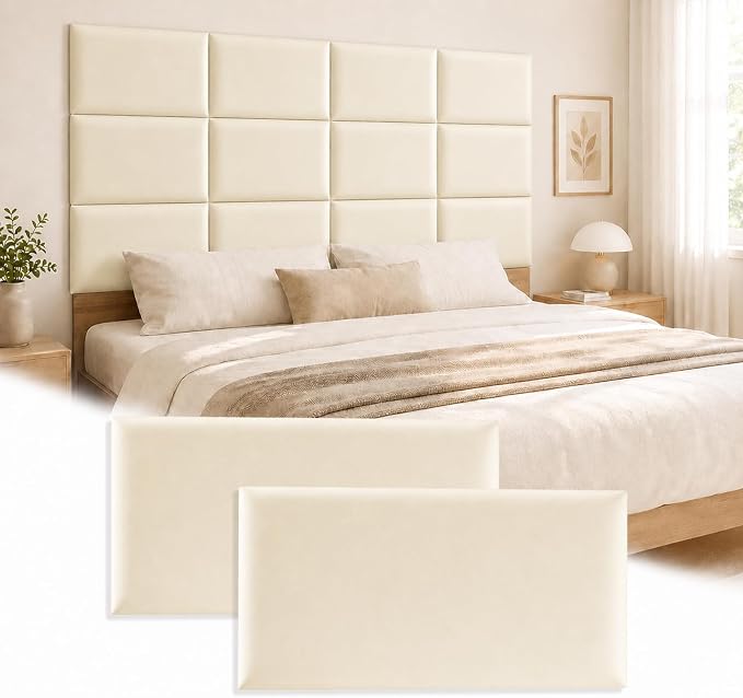 Anti Collision Wall Padding for Kids, Upholstered 3D Wall Panels | 4 Packs 7.8'' x 15.7'' Peel and Stick Headboard, Self Adhesive Wall Pads for Kids, Bedroom, Living Room, Beige White by Umedol