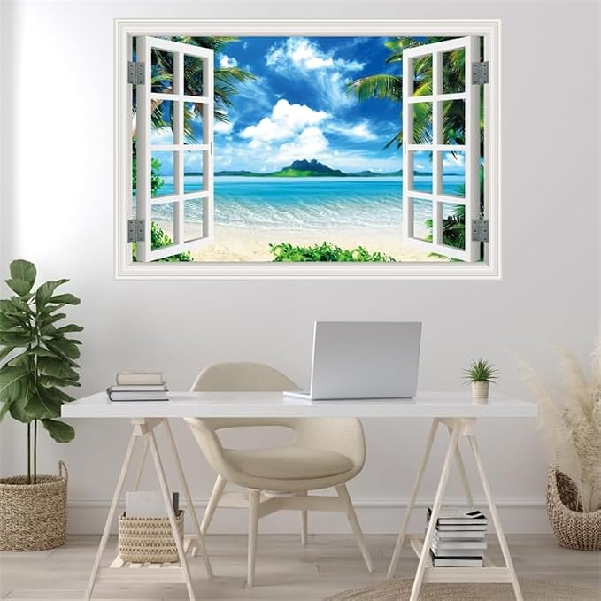 ‌Lmyhome Fake Window Wall Mural Blue Sky Ocean Beach (48"x32") | Peel and Stick Faux Window Wall Sticker Decal Poster for Bedroom Home Decor - Image 2