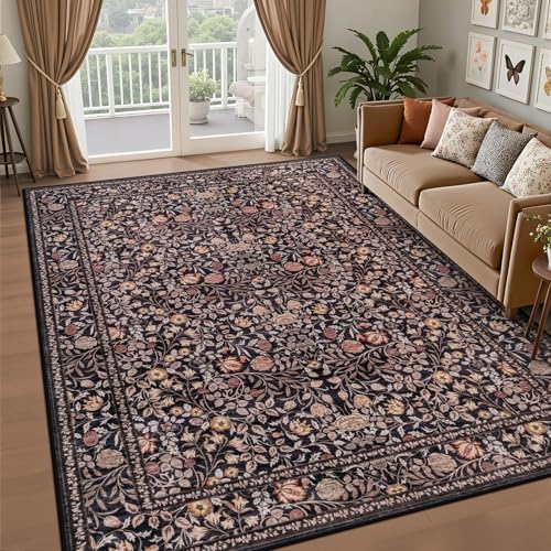 6x9 Area Rug Living Room: Soft Floral Washable Boho Carpet Brown - Image 2