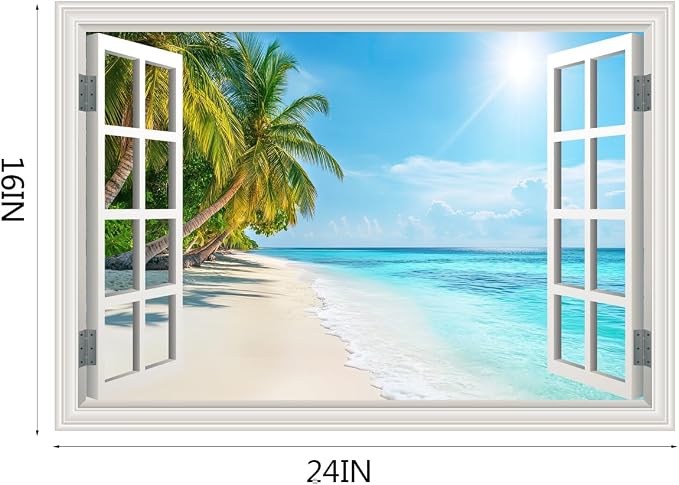 Fake Window Wall Decal- Summer Beach Ocean Tropical Coconut Tree Art Mural | Faux Window Seascape Natural Scenery Landscape Sticker｜ Stick and Peel Wall Decals｜for Room Bedroom Office Decor｜24"x16" - Image 2