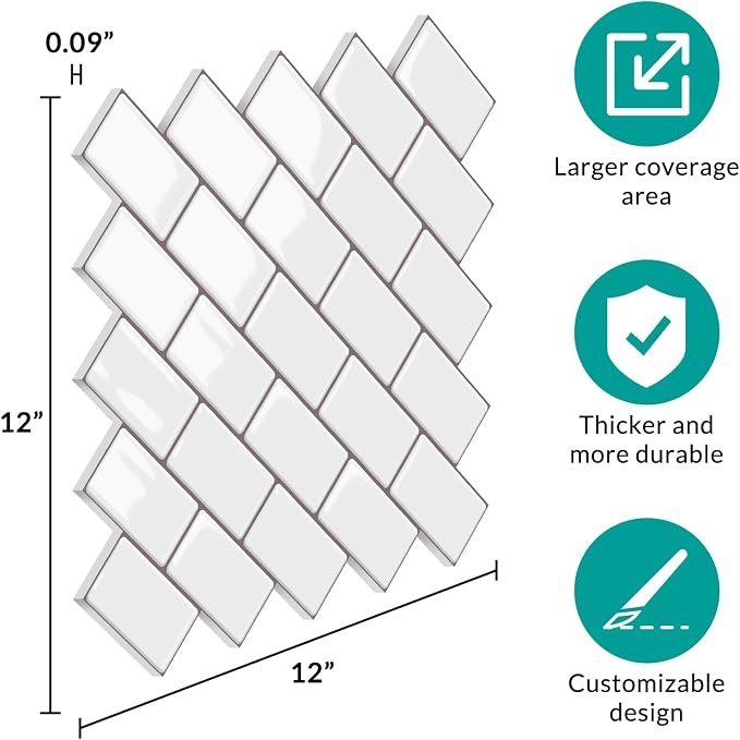Joysticky 10-Sheet Peel and Stick Backsplash, 12" * 12" Crystal Texture Stick on Tiles Backsplash for Kitchen & Bathroom，Thicker Design Peel and Stick Wall Tiles（Warm White） - Image 4