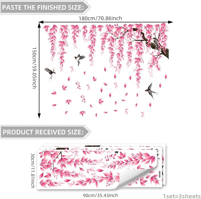 Pink Flower Tree Branch Wall Decals, Spring Pink Flower Bird Wall Stickers Peel and Stick Wall Murals for Living Room Bedroom Tv Background Wall Decor, 70.8x59 inches, 3 Sheets - Image 2