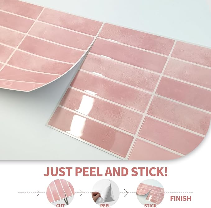 Peel and Stick Backsplash 3D Wall Tiles,Self-Adhesive,Oil Proof,Waterproof, Removable Wall Panels for Kitchen & Bathroom,Modern Design, Easy Install (10.7ft，12x9 inch,14 Pack) (Pink) - Image 5