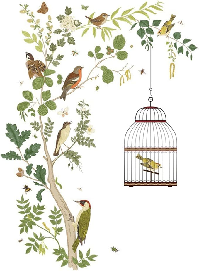 Removable Bird on Bracnch Wall Stickers, DIY Romantic Birdcage Decor Tree Wall Murals Peel and Stick Wall Art Stickers Home Decor for Gilrs Bedroom Nursery Rooms Living Room by BWCXXZH