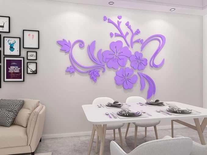 Wall Art 3D Flower Pattern Wall Stickers, Living Room Decor for Walls, Acrylic Waterproof Decals, Home Decorations Room Decor, Light Purple, S:35*47 inch by guangmu