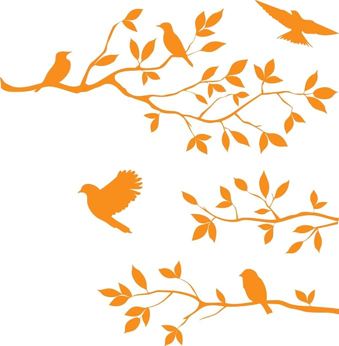 Picniva Orange 15'' X 44'' Burnish Birds & Blossoms Vinyl Wall Decal Art Décor by Picniva