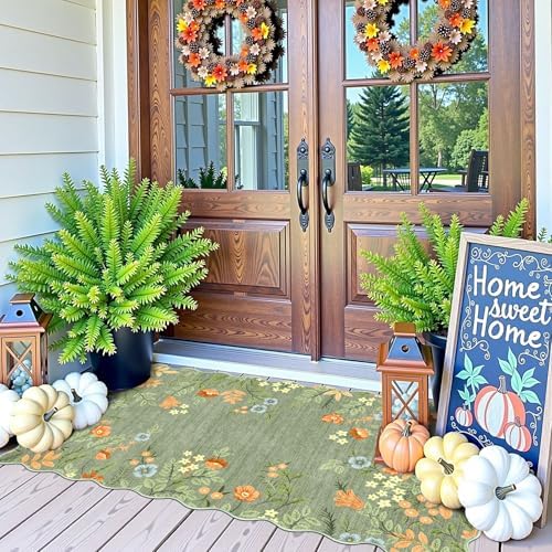 Front Door Mat Indoor Entrance - 2x4.3 Ft Sage Green Floral Washable Layered Doormat Outdoor Entrance Porch Rug Non-Slip Boho Runner Rug for Kitchen Hallway Bedroom Laundry Room Porch Decor - Image 4