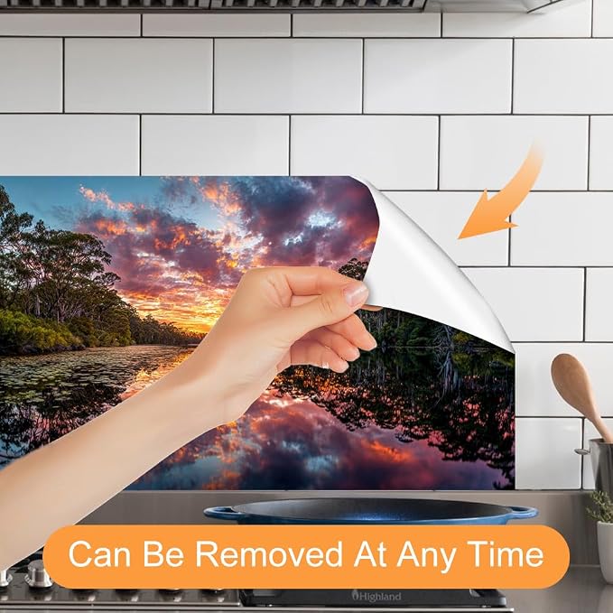 Forest Lake Sunset Kitchen Backsplash Peel and Stick, 30x16 in | Dramatic forest lake at sunset with fiery clouds and mirror reflections; flat 2D waterproof peel and stick; wipe clean; 30x16 - Image 3