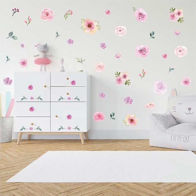 120+ PCS Aesthetic Peel & Stick Watercolor Pink Flower Wall Decals Set | 8 Sheets Removable Rose & Peony Floral Wall Stickers for Bedroom, Girls Room, Living Room & Wedding Backdrops Decor - Image 5