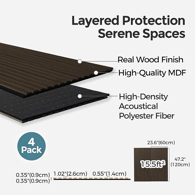 AKUMAX Wood Slat Acoustic Wall Panels, 4 Pack 24 x 48 in Each, 31 ft², NRC 0.80 Sound Absorbing 3D Slat Wall Paneling with Real Wood Veneer, E0 MDF and PET Felt, Black Walnut - Image 3