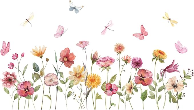 Watercolor Garden Flower Wall Decals, Peel and Stick Creative Colorful Butterfly Floral Wall Stickers, Multicolor Wildflower Wall Decor for Girls Room Nursery Bedroom Window - Image 3