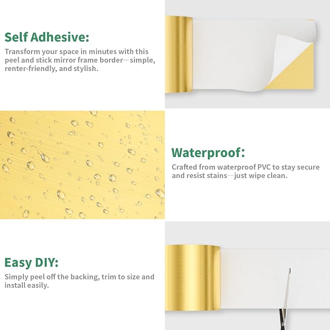 Peel and Stick Wallpaper Borders 390” x 4” Self Adhesive Mirror Frame Border Brushed DIY for Kitchen Bathroom Mirror Removal Border Sticker Wall Decor Cover 10.8 Sq.Ft, Brushed Golden - Image 4