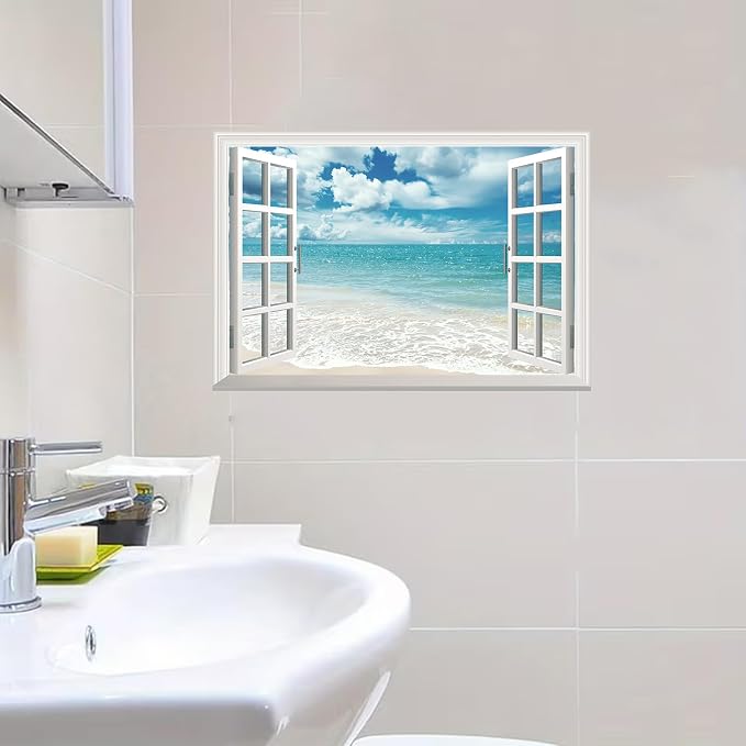 Fake Window Wall Mural White Beach (48"x32") | Peel and Stick Faux Window Wall Sticker Decal Poster for Bedroom Home Decor - Image 6