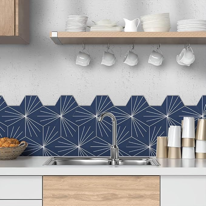 AULIGET Flower Vintage Hexagon Tile Peel and Stick Backsplash, 6"x7" Self Adhesive Wall Tiles in Blue (Pack of 45) - Image 2