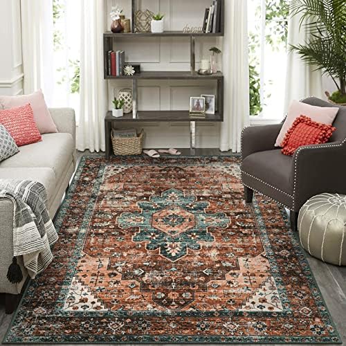 Moynesa Ultra-Thin Vintage Area Rug - 6x9 Washable Bedroom Rug Large Living Room Rug Non-Slip Dining Room Mat, Oriental Printed Low Pile Nursery Carpet for Office Kitchen Entryway, Brick Red/Dull Teal - Image 6