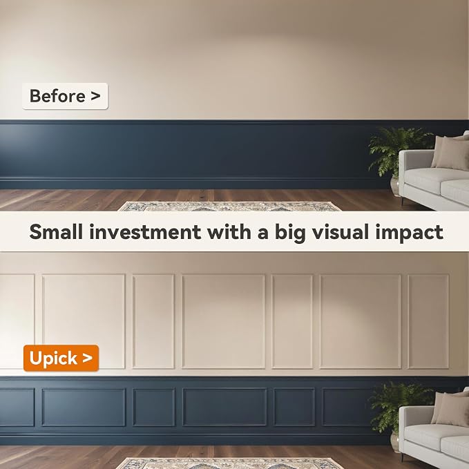 Upick Peel and Stick Wainscoting Pre-Cut Wall Molding Kit, 20"x50", 6-Frame | PS Panels,Moisture Resistant,Pre-Primed,DIY Installation,Accent Walls,Living Room,Hallway,Bathroom,Trim for Walls - Image 7