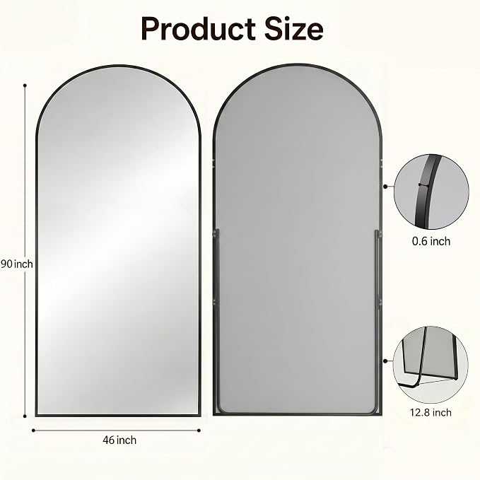 Antok Full Length Mirror, 90"x46" Floor Mirror with Stand, Black, Arched - Image 7