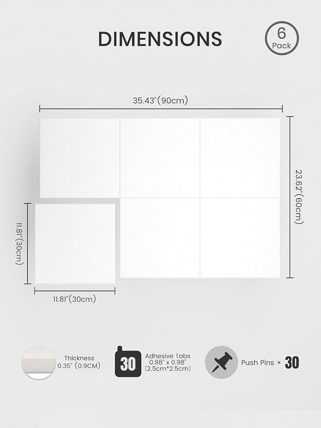 Bumusty 36"x 24" Large Felt Bulletin Board Tiles, Milky White | 6-Pack Cork Board Alternative, Wall Decor, 30 Pushpins, 30 Adhesive Tabs, Vision Board, Office, Classroom, Home, Dorm - Image 2