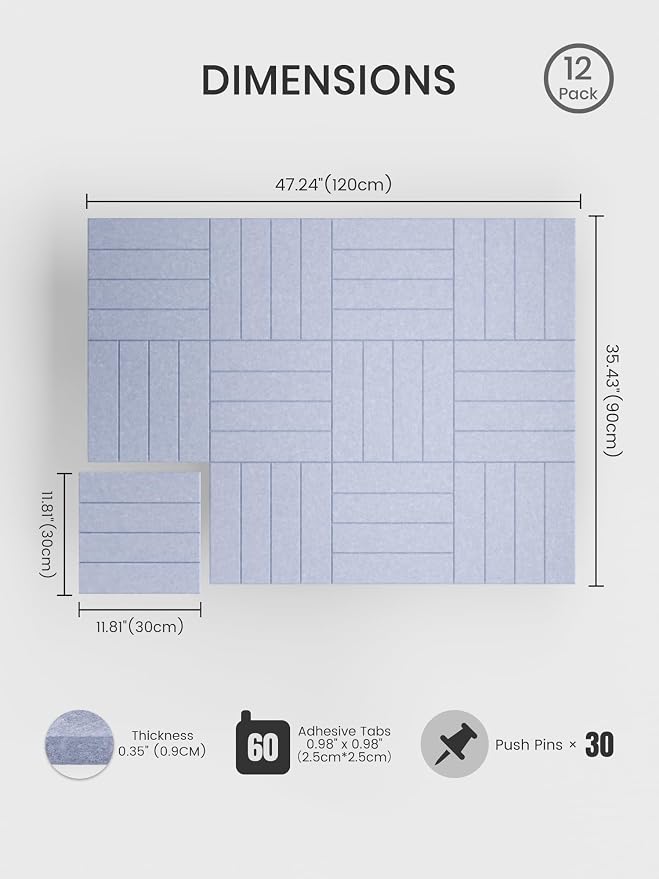 Bumusty 48"x 36" Large Felt Bulletin Board Tiles, Soft Periwinkle | 12-Pack Cork Board Alternative, Wall Decor, 30 Pushpins, 60 Adhesive Tabs, Vision Board, Office, Classroom, Home, Dorm - Image 2
