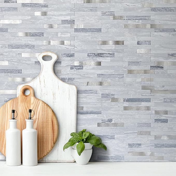 AULIGET 20 Sheets Faux Stone Peel and Stick Backsplash, Light Grey Marble Look PVC Mixed Metal Wall Tiles Stick on Backsplash for Kitchen - Image 2
