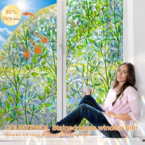 Countewol Privacy Window Films Stain Glass Cling No Glue Anti-UV Window Sticker for Bathroom Bedroom Living Room(Leaf Rainbow 157.4" L*45.27" W) - Image 4