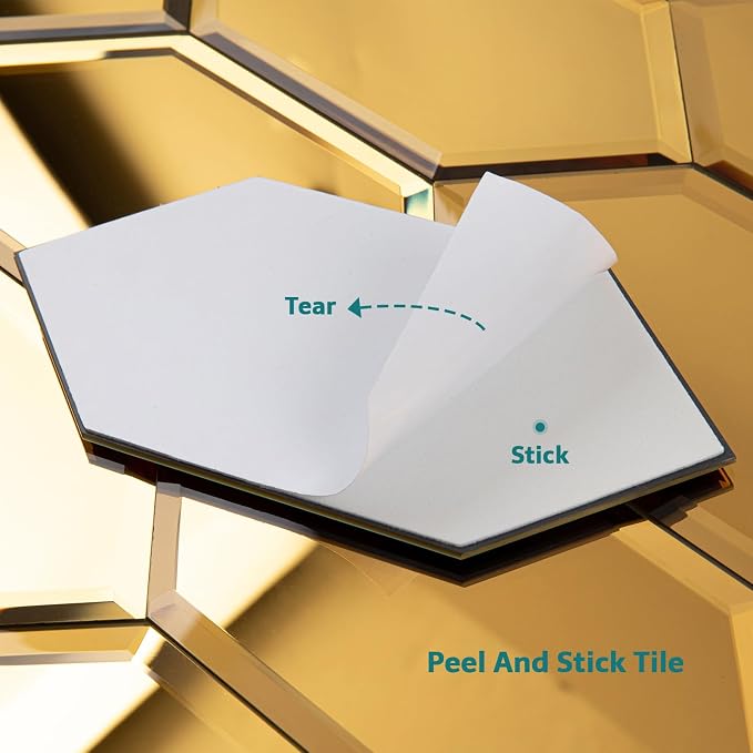 Peel and Stick Beveled Gold Mirror Tile, 4x6 Inch Mirror Backsplash Tiles Long Hexagon for Kitchen Bathroom Wall 30 Pcs, 4.8 SQ.FT - Image 3