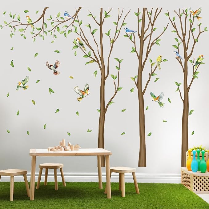 Family Tree Wall Sticker Green Leaf Birds Wall Art Decor Large Tree Branch Wall Decal Peel and Stick Woodland Animals Wall Sticker for Bedroom - Image 5