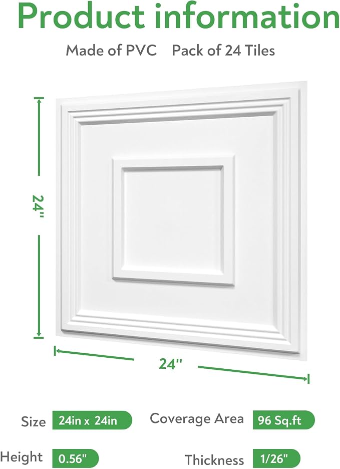 STICKGOO PVC Ceiling Tiles, 2'x2' Glue Up Ceiling Panel White to Prevent Breakage Cover 96 Sq. Ft, Pack of 24 Tiles - Image 3