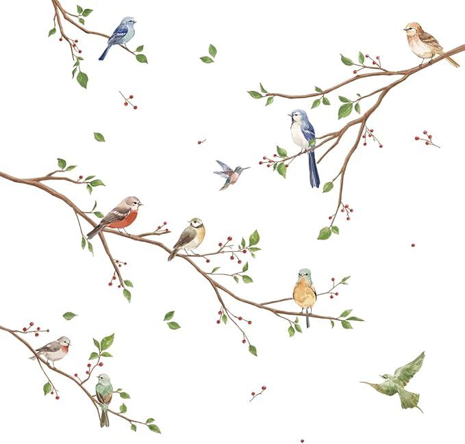 Runtoo Bird on Tree Branch Wall Decals Watercolor Birds Flower Wall Stickers Bedroom Living Room Office Home Decor by Runtoo