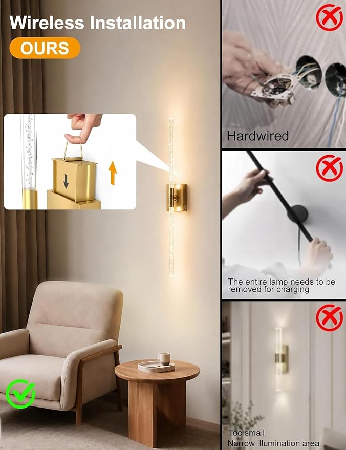 Rechargeable Wall Sconces Set of 2, Gold Crystal Bubble Wireless Wall Light | 10000mAh, Remote Control, 3000K-6000K Dimmable, 360° Adjustable, Ambient Lighting for Living Room, Bedroom, Picture, Bathroom - Image 4