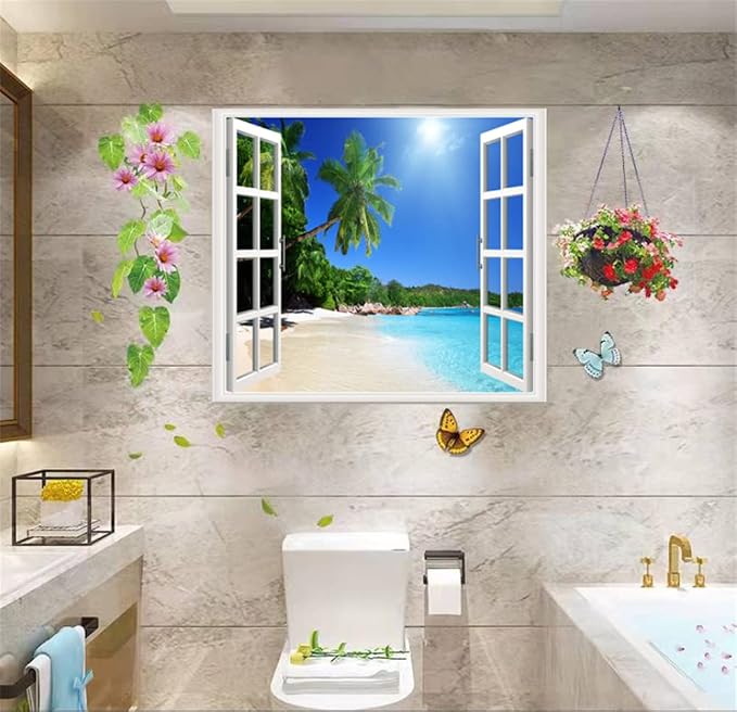 Self-Adhesive Wall Sticker Romantic Living Room Bedroom Study Office Decorative Wall Sticker Ocean Scenery Fake Window Sticker Mural (Palm Beach, 23.6"×35.4") - Image 6