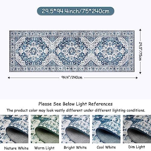 Moynesa Blue Vintage Floral Medallion Runner Rug, 2'6" x 8', Machine Washable, Non-Slip, Pet Friendly, High-Traffic Areas - Image 2