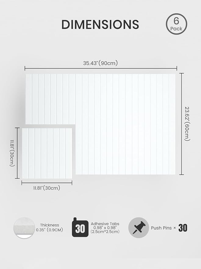Bumusty 36"x 24" Large Felt Bulletin Board Tiles,Cold White | 6-Pack Cork Board Alternative, Wall Decor, 30 Pushpins, 30 Adhesive Tabs, Vision Board, Office, Classroom, Home, Dorm - Image 2