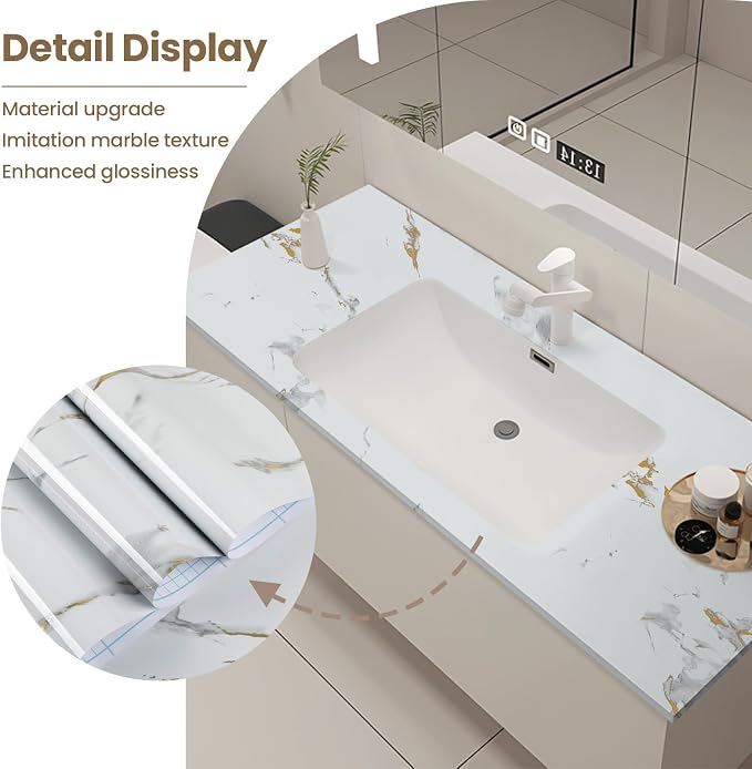 Marble Contact Paper Gold Peel and Stick Wallpaper for Kitchen Countertop | 11.8" x 78.7" Glossy White Granite Removable Wall Paper for Kitchen Countertop Cabinet Furniture - Image 4