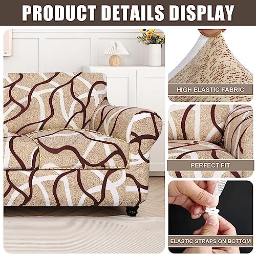 SearchI Stretch Sofa Cover Printed Couch Cover, Floral Pattern 4 Pieces Sofa Slipcover with 3 Separate Cushion Cover, Washable Furniture Protector for Living Room(Sofa, Khaki) - Image 2