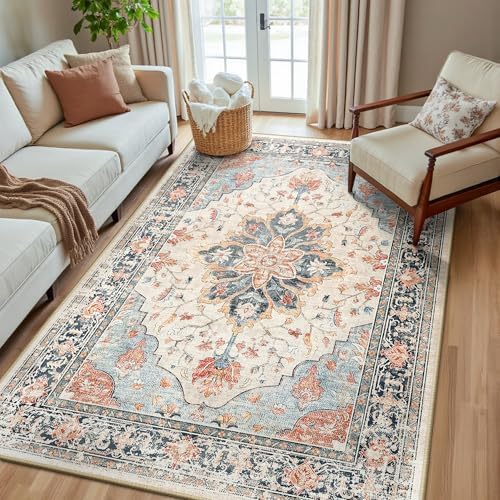 RELEANY Washable Area Rug, 5'x8', Beige/Blue/Orange by RELEANY