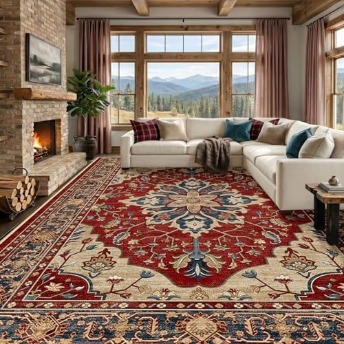 RELEANY Washable Area Rug, Large 10'x12', Red/Blue by RELEANY