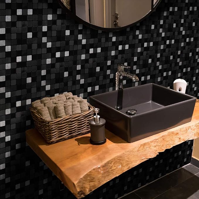 Alwayspon 25 Pcs Brushed Silver Peel and Stick Transfer, Water-Proof Wall Tile Sticker, Black Metallic Mosaic, 4x4inch - Image 2