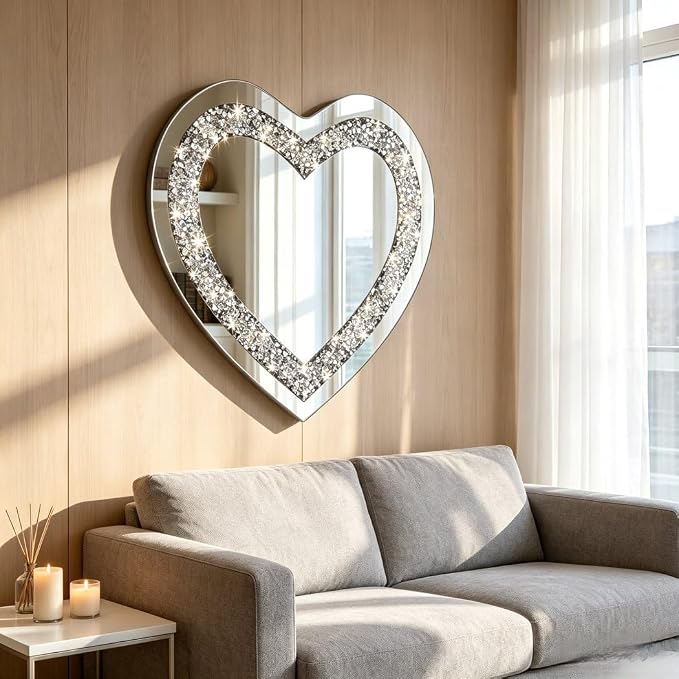 DMDFIRST Crystal Crush Diamond Heart Shaped Silver Mirror for Wall Decoration 24x24x1 inch Wall Hang Frameless Mirror Acrylic Diamond Décor. - Image 7