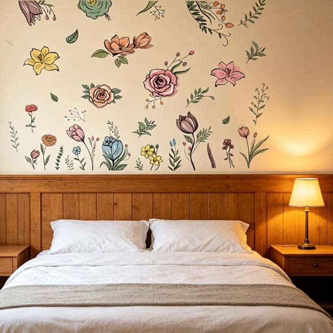 Large Boho Floral Wall Decals Watercolor Flower Wall Stickers for Bedroom Living Room, Removable Peel and Stick Wall Art for Girls Bedroom Living Room Nursery Dorm Room - Image 6