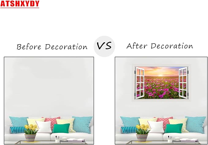 Fake Window Wall Sticker- Sunrise Pink Flower Garden Open Wall Art Decal | Faux Window Natural Scenery Landscape Mural｜ Stick and Peel Wall Decals｜for Room Bedroom Office Decor｜48"x32",Set of 2 Sheets - Image 3