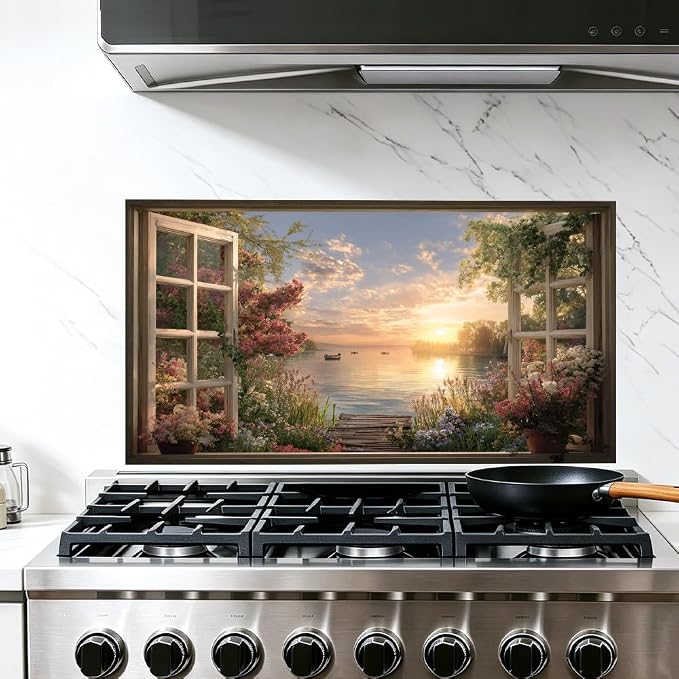 Lake Sunset Kitchen Backsplash Peel and Stick, 30x16 in | Garden window view of golden sunset over flower-lined lake with boats; flat 2D waterproof peel and stick; wipe clean by JOYHAUE