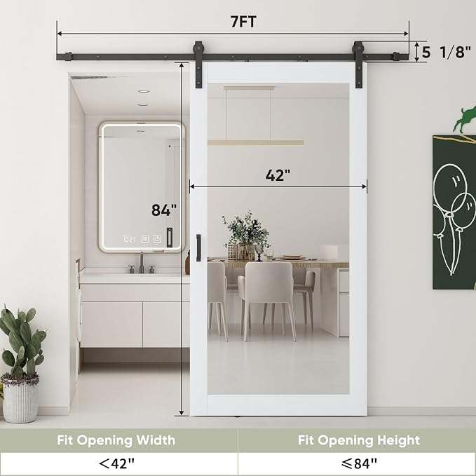 JUBEST 42x84 in Mirror Barn Door and 7FT Sliding Door Hardware Kit Included, White Full Length Mirror, Solid Wood Panel Covered with Water-Proof PVC Surface, No Assembly Required - Image 7