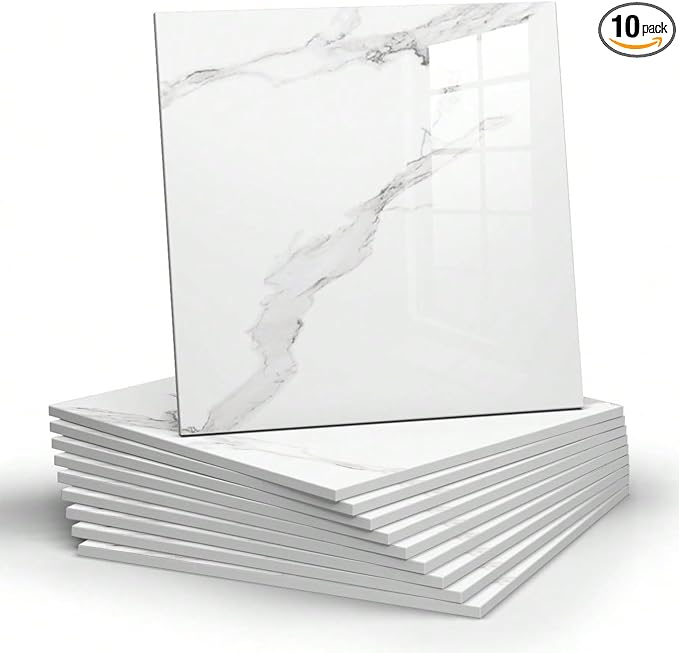 Chejiaye 10pcs Marble Peel and Stick Backsplash Waterproof Washroom Wall Panels, Peel and Stick Tile, PVC Foam Wall Panels for Kitchen,Bathroom,Living Room,White and Grey(Not Real Tile,11.8" x 11.8") by Chejiaye