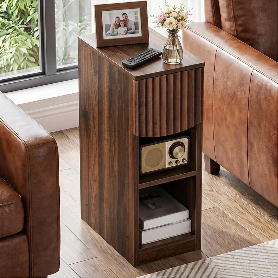 CHOEZON Narrow Fluted Nightstand, Slim Nightstand with Drawer and Open Shelves, 7.9" Skinny Side Table, Bedside Table for Small Spaces, Floating End Table for Bedroom, Living Room, Walnut MBZ18HT by Choezon