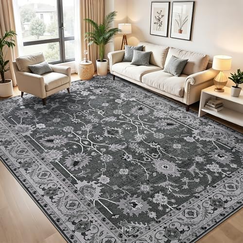 Hanples 9x12 Area Rugs for Living Room, Washable Rug Vintage Floral, Gray - Image 3