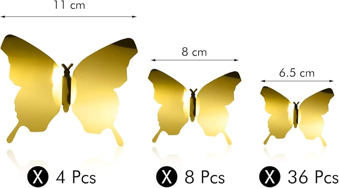 BBTO 48 Pcs 3D Butterfly Mirror Wall Decor,Gold | Butterfly Stickers,3 Sizes,for Birthday Party Cake,Room Nursery Bathroom Wall Decor,Removable Peel Stick,Reflective - Image 6