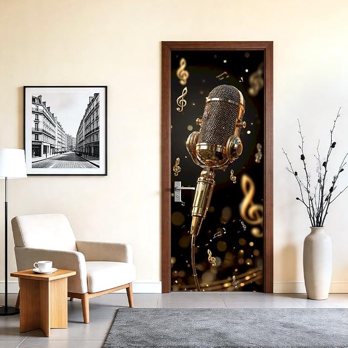 Peel and Stick Door Wallpaper 30.31 x 78.74 Inch Vintage Microphone Music Notes Decorative Door Cover for Music Room - Image 2