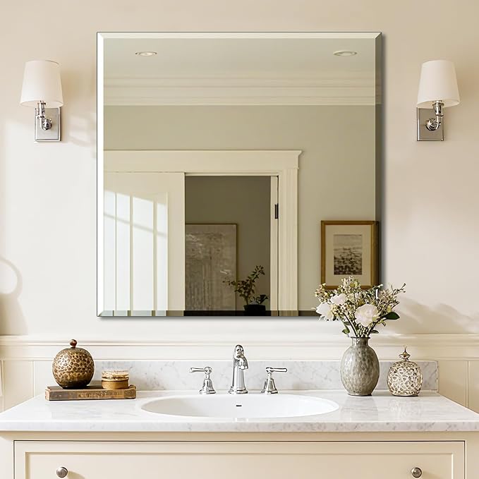 Bathroom Mirror for Over Sink 30x30 Inch Frameless Wall Mirror Beveled Edge by Ruomeng