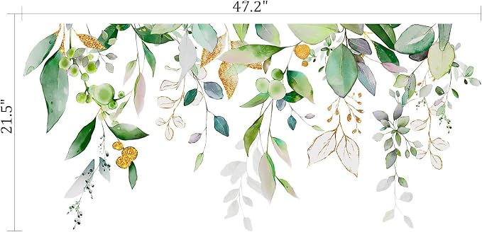 Boho Eucalyptus Gold Foil Hanging Vines Green Leaf Wall Decals Decor Art | Watercolor gold foil greenery peel and stick wall sticker, removable floral flower vinyl mural for living room bedroom - Image 2